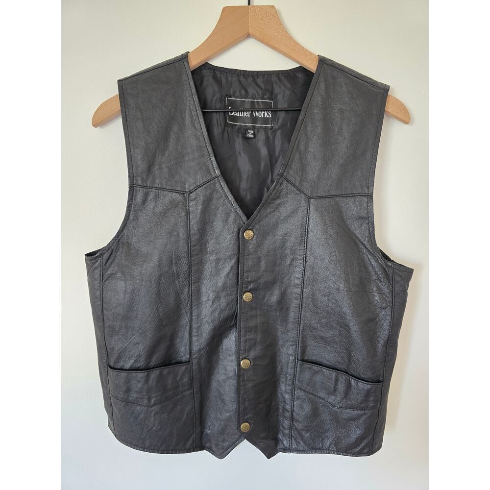 Leather Works Black Leather Vest L Western Biker 90s Y2K
